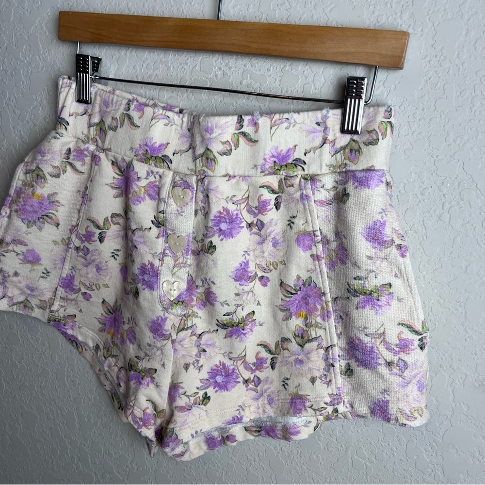 LoveShackFancy Renato Floral Print Shorts M Cotton Jersey Ultra Violet Clouds - Picture 9 of 14